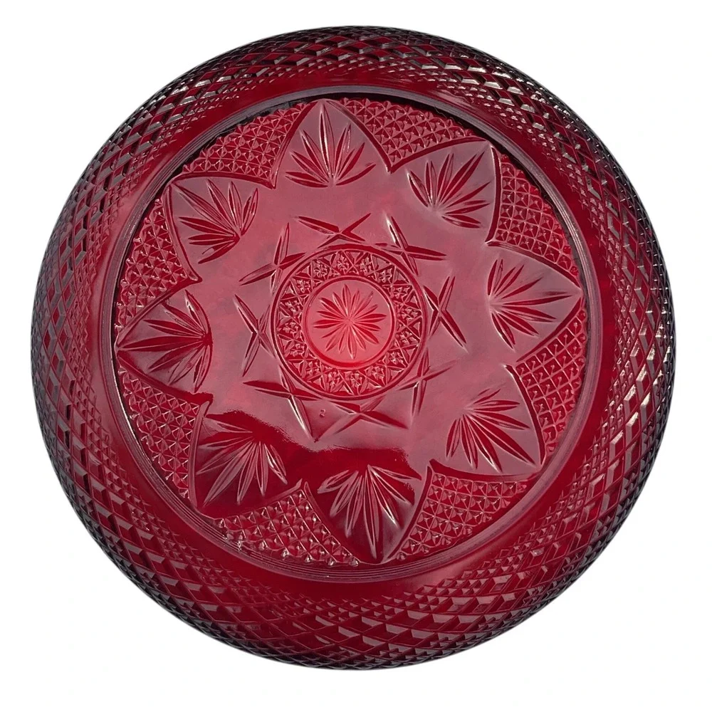 Cristal D'Arques-Durand Set of 2 Ruby Red Glass Plate Diamond & Star Pattern OS